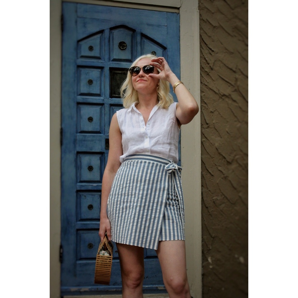 J crew TEXTURED WRAP MINI SKIRT IN STRIPE